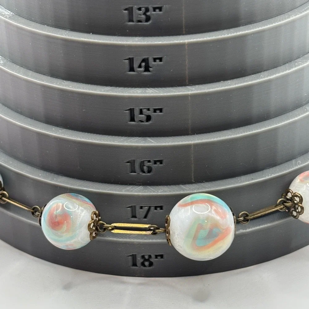 Vintage Iridescent Pastel Swirl Marbled Glass Bead Necklace Chain 17.5 Graduated